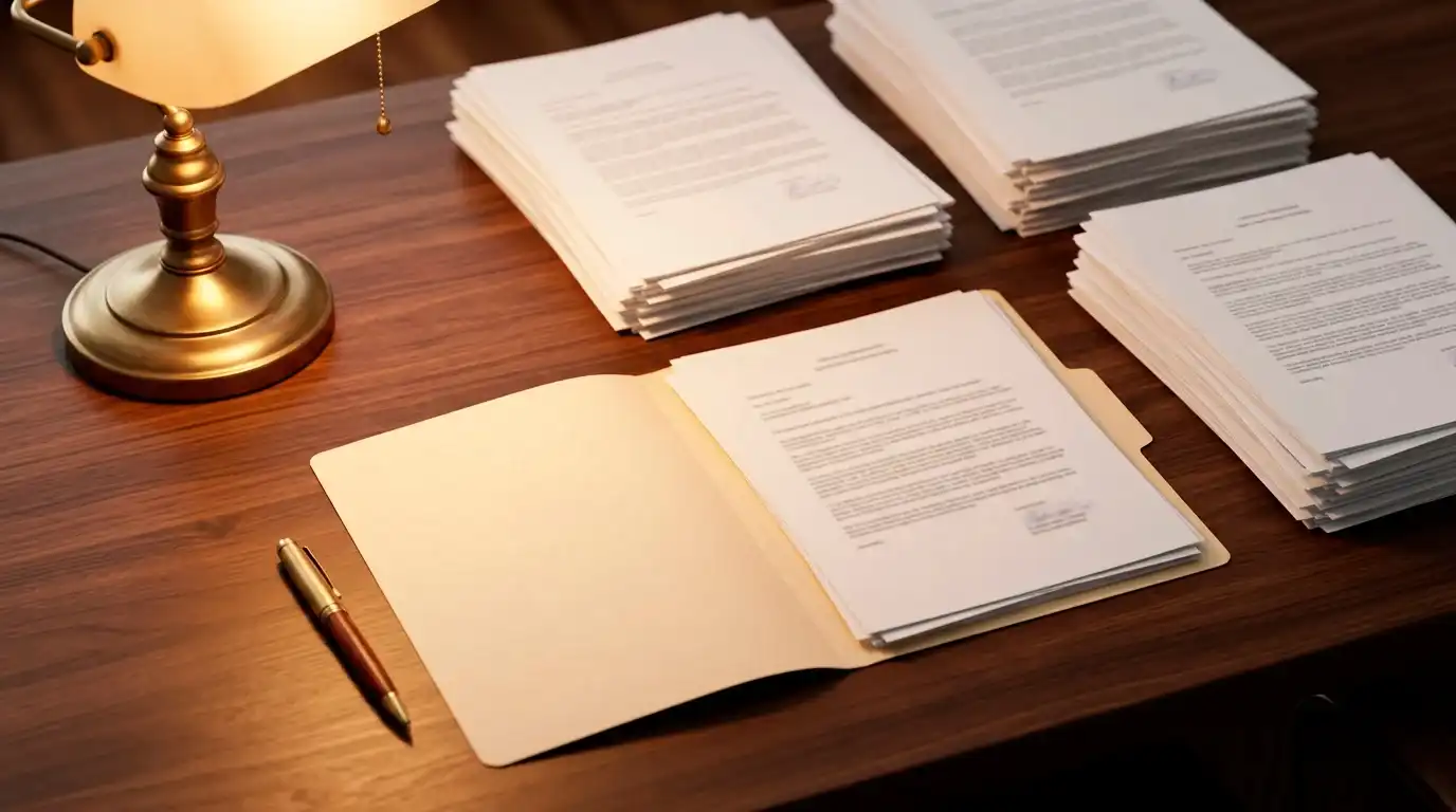 Documenten en juridische papieren op een houten bureau met leeslamp