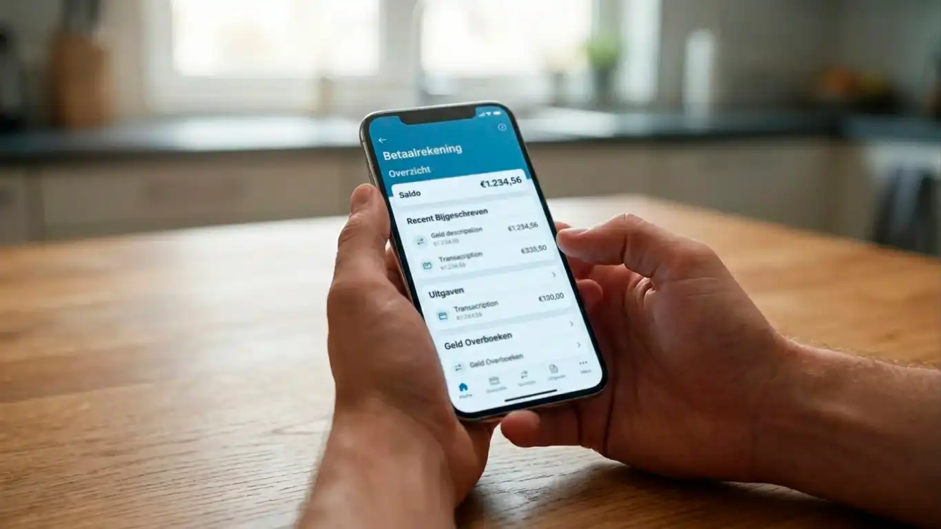 Smartphone in handen met een bankapp open boven een houten tafelblad