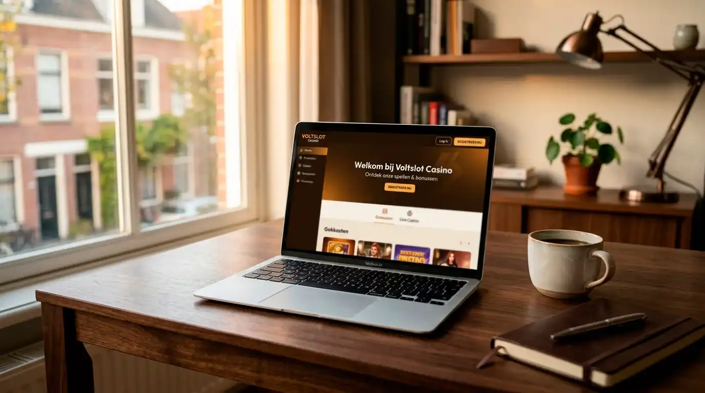 Laptop met Voltslot-casinosite open op een houten bureau bij avondverlichting